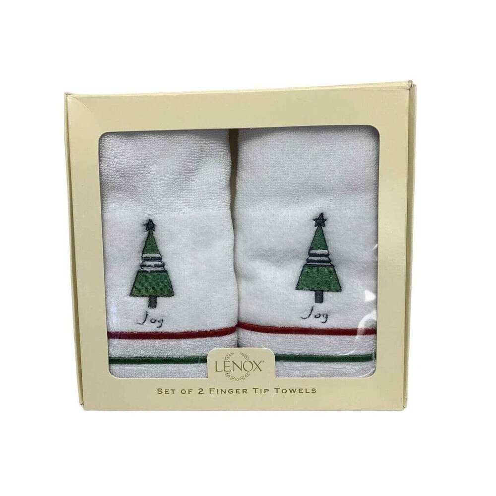 Lenox Holiday Fingertip Towels Joy Christmas Trees Bathroom White Green Red NOS
